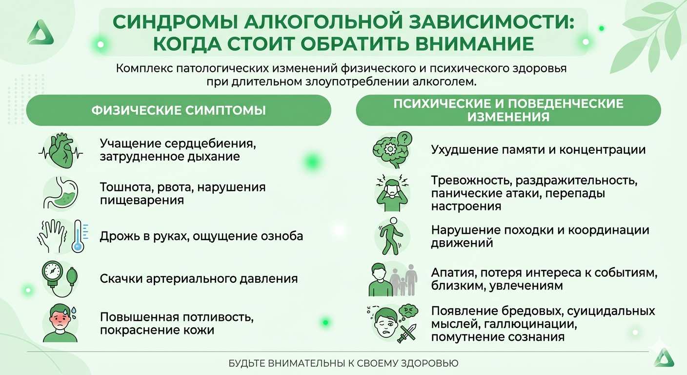 Инфографика с перечислением физических и психических признаков алкогольной зависимости в зеленых тонах